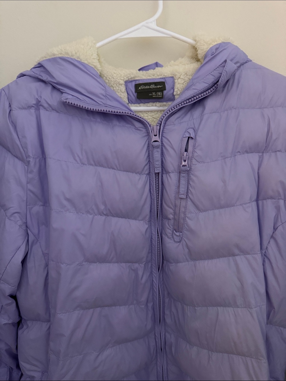 Eddie Bauer Lavender Quilted Puffer Jacket with Sherpa Hood